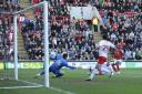 Bradley Wright-Phillips scores Charlton's second goal on saturday. PICTURES BY ALAN STANFORD.
