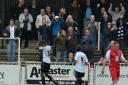 Shamir Mullings celebrates his winner with the Bromley fans. PICTURES BY KEITH GILLARD.