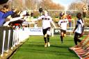 Danny Waldren heads to the crowd after firing Bromley 2-1 in front