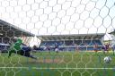 Former England keeper Paul Robinson is ent the wrong way by Shaun Williams' penalty. Pictures by Keith Gillard.