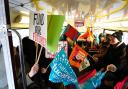 Striking teachers from the National Education Union (NEU) on board a routemaster bus travelling into central London for the Protect The Right To Strike march and rally, against the Strikes (Minimum Service Levels) Bill