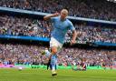 Erling Haaland celebrates scoring one of his three goals against Crystal Palace at the Etihad Stadium in August 2022