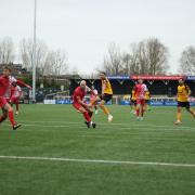 Dan Bassett shoots and scores Cray Wanderers equaliser for his 12th goal of the season.