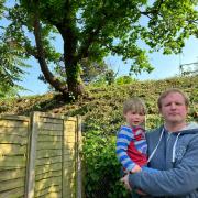Matthew Shipp, 41, with his son Jacob, 2, in front of the oak tree in their garden in Hayes. Permission for use by all LDRS partners. Credit: Joe Coughlan