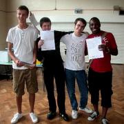 Ben Hodges, 18; Craig Chatfield, 18; Jack Ambrose, 18; Lawrence Williams, 18 celebrate receiving results at Wilmington Grammar School for Boys