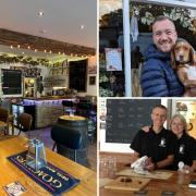One of the new landlords, Martyn with pub dog Rex and Barry and his wife Sarah who are set to retire after a 10 years running One Inn the Wood