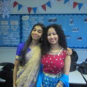 Koshitha Sriram (left) in her half saree, representing her Indian culture at this years Cultural Clothes Day at Newstead Wood School