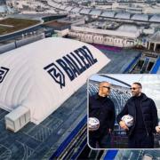 The Ballerz dome in Dartford and (inset) L to R: Bobby Zamora, Rio Ferdinand and Mark Noble