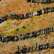 Queues outside a polling station in South Africa during the first free election, April 27 1994