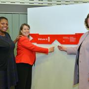 Thamesmead Youth Voice member, Tahlia Williamson with Erith & Thamesmead MP Teresa Pearce and Leader of Bexley Council Cllr Teresa O'Neill unveiling The Link Thamesmead's plaque