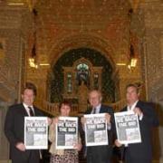 Councillor Peter Brooks, News Shopper Editor Jean May, Woolwich MP Nick Raynsford and Chamber of Commerce president Steve Nelson show their support for the campaign 	BE6170