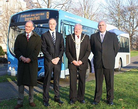KCC's David Brazier, James Moody, Mayor of Swanscombe and Greenhithe Vic Openshaw and local operations manager for Arriva Alan Hale