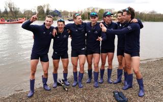 The Oxford Men's boat team celebrate victory in the 167th Men's Boat Race on the River Thames, London (images: pamedia)