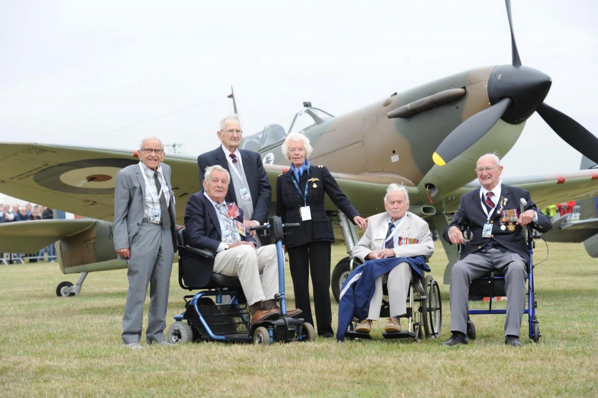 L/R, Flt Sgt Ted Molineux, Flt Lt Rodney Scrase, Spitfire pilot with 74 Sqn, WO Will Clark, Mary Ellis - Pilot ATA, WO Maurice Macey, Cpl Bob Morrell.