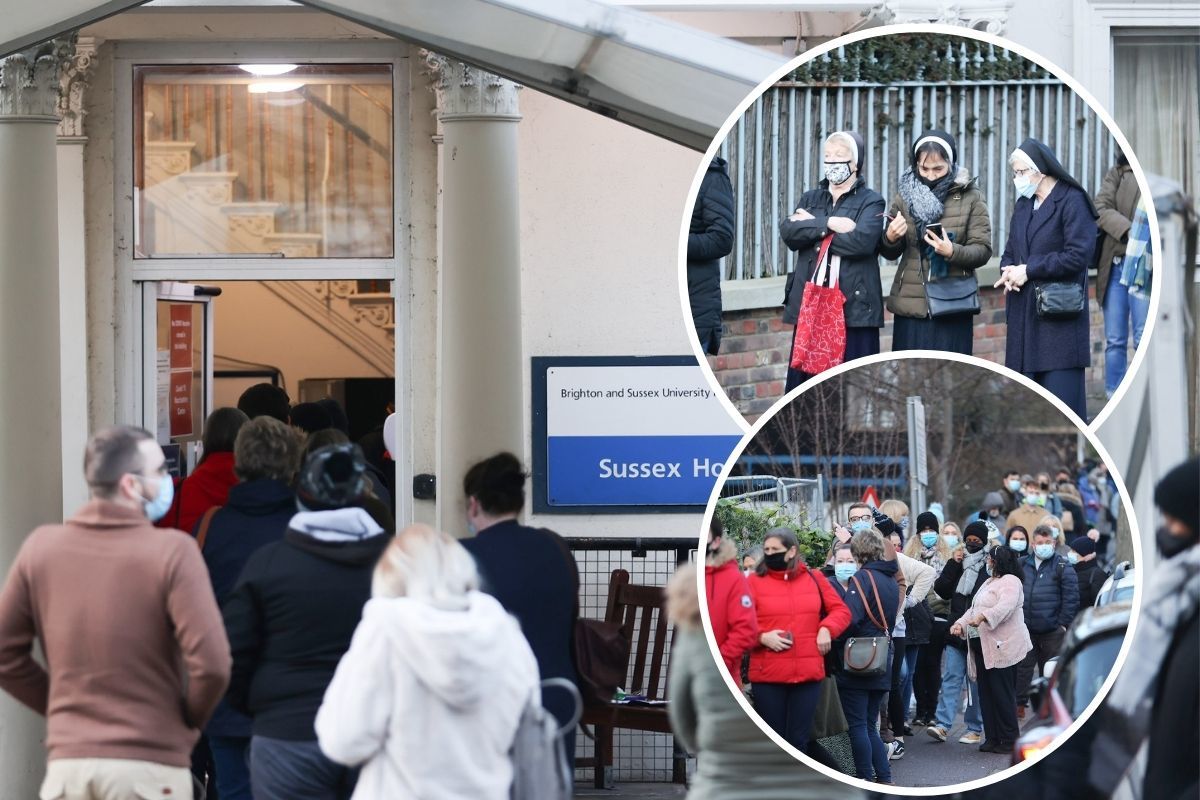 Key workers queueing to get the coronavirus vaccine outside Sussex House in Brighton, January 2, 2020