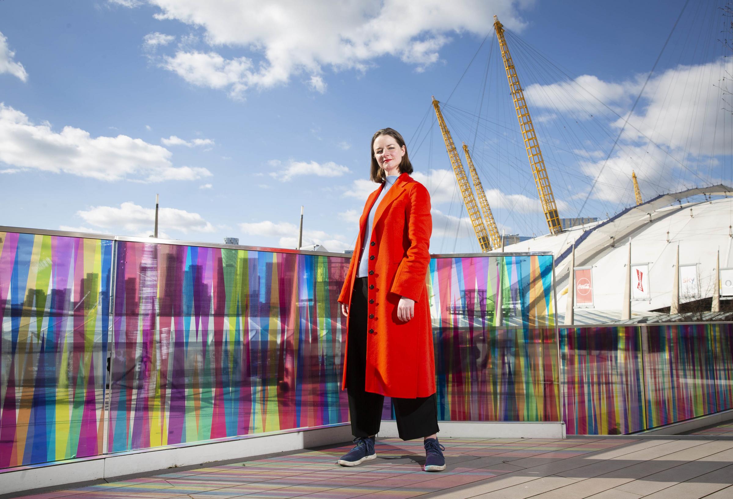 An art installation entitled Hundreds and Thousands, by artist Liz West which has been commissioned by Greenwich Peninsula is unveiled by the riverside in Greenwich, London.