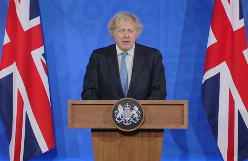 Screen grab of Prime Minister Boris Johnson during a media briefing in Downing Street, London, on coronavirus (COVID-19). Picture date: Monday April 5, 2021..