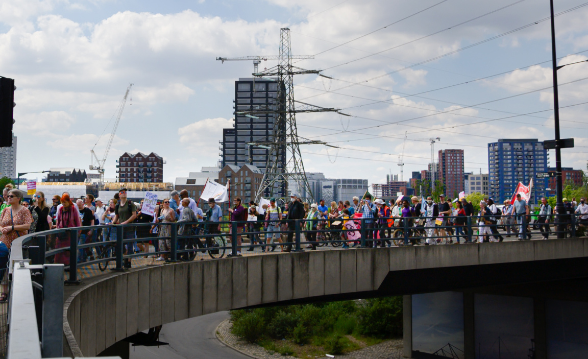 Protestors marching against the SIlvertown Tunnel project, which will link Greenwich and the Royal Docks.