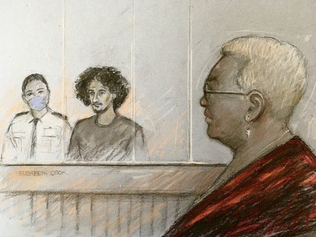 Court sketch of Mina Smallman, mother of the two victims, looking on as Danyal Hussein appears in the dock (Elizabeth Cook/PA)