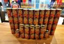 Dartford's Orchard Theatre's newly acquired collection of 52 cans of frankfurters. @Orchardtheatre