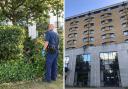 A police sniffer dog with its handler searching bushes outside the Holiday Inn on Bugsby's Way, Greenwich, London, where a woman has died after being stabbed.Luke Powell/PA Wire