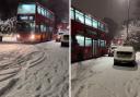 A video shows the moment a Dartford bus stuck on a hill narrowly escaped hitting a car during the snow chaos.
