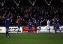 The visiting fans and players celebrate after Darts go 3-2 ahead. Picture by Edmund Boyden.
