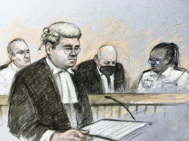 News Shopper: Court artist sketch by Elizabeth Cook of prosecutor Tom Little QC speaking as former Metropolitan Police officer Wayne Couzens, 48, sits in the dock at the Old Bailey. (PA)