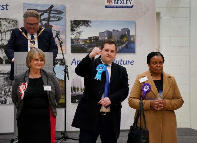 Conservative candidate Louie French celebrates victory in the Old Bexley and Sidcup by-election at Crook Log Leisure Centre in Bexleyheath