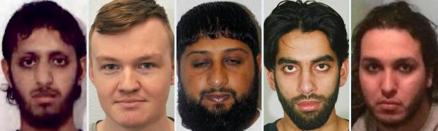 News Shopper:  Undated file photos of terror offenders, from left, Nazam Hussain, Jack Coulson, Rangzieb Ahmed, Jawad Akbar and Abdalraouf Abdallah, who could be considered for release from prison next year by the Parole Board. Credit: From left: West Midlands Police, Counter Terrorism Policing North East, Greater Manchester Police, Metropolitan Police and Greater Manchester Police.
