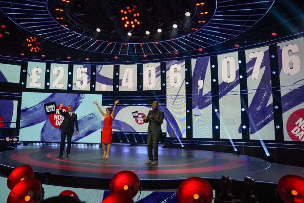 News Shopper: BBC handout photo of (left to right) Paddy McGuinness, Davina McCall and Lenny Henry presenting Comic Relief 2021. A total of £45,938,942 was raised during the 2021 event. 