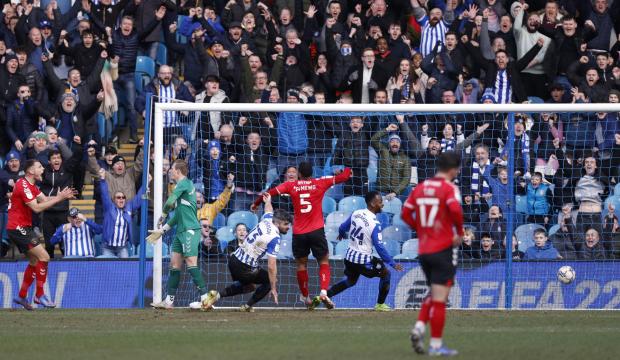 News Shopper: Sheffield Wednesday's Callum Paterson (third left) scores his sides second goal of the game during the Sky Bet League One match at Hillsborough Stadium, Sheffield