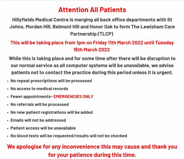 News Shopper: Message on the Hilly Fields Medical Centre website March 16 (photo: Screenshot from Hilly Fields Medical Centre website)