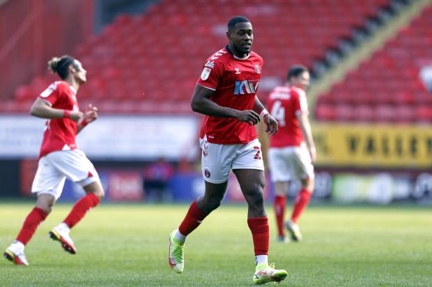 Charlton Athletic's Chuks Aneke celebrates scoring their side's second goal of the game during the Sky Bet League One match at The Valley, London