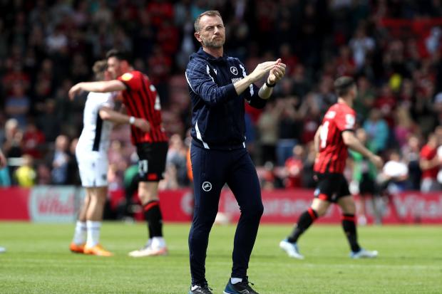 Millwall manager Gary Rowett applauds the fans after the final whistle in the Sky Bet Championship match at the Vitality Stadium, Bournemouth