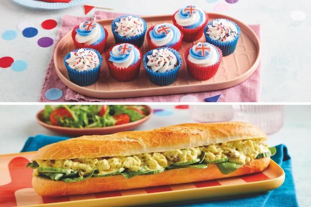 News Shopper: (Top) Jubilee Cupcake Platter (bottom) Coronation Chicken Baguette (Morrisons/Canva)
