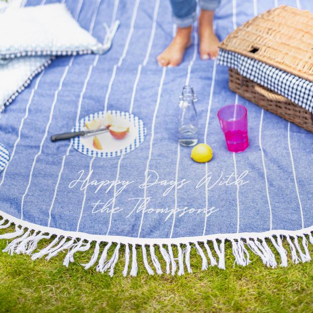News Shopper: Personalised Round Blue Picnic Or Beach Blanket. Credit: Not On The High Street