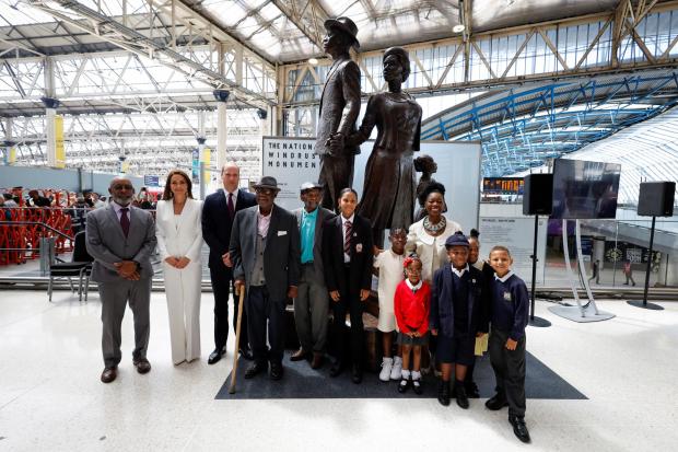 News Shopper: The Duke and Duchess of Cambridge, accompanied by Baroness Floella Benjamin, Windrush passengers Alford Gardner and John Richards and children at the unveiling of the National Windrush Monument at Waterloo Station, to mark Windrush Day