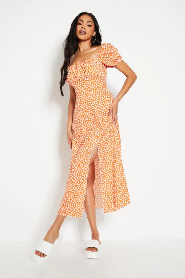 News Shopper: Orange Square Polka Dot Woven Short Puff Sleeve Midi Dress (I Saw It First)