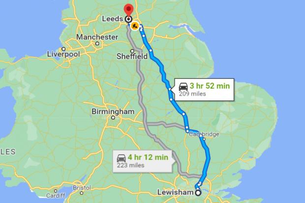 Lewisham to Leeds is around 209 miles (photo: Google Maps)