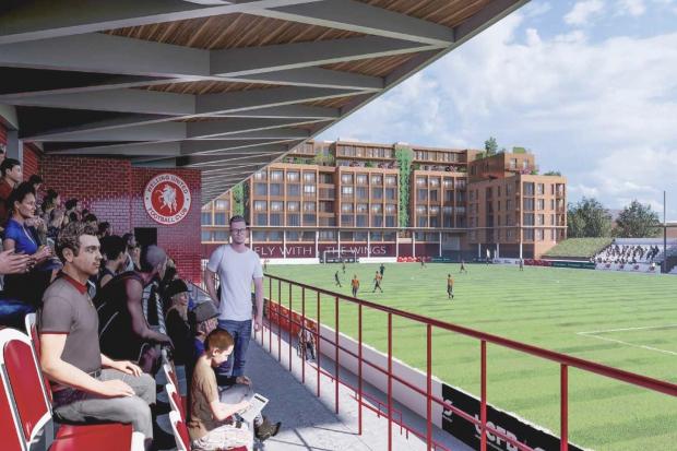 A CGI of the planned project as seen from the west stand. (Credit: Create Design and Architecture / Welling United Football Club / Lita Homes)
