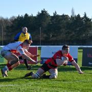 Club blind-side Tom Baldwin dives over for the first try.  Photo: Felix Ursell