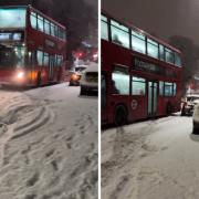 A video shows the moment a Dartford bus stuck on a hill narrowly escaped hitting a car during the snow chaos.