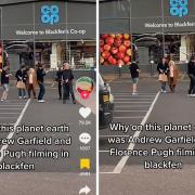 Andrew Garfield and Florence Pugh spotted at Blackfen Co-op: Screengrabs from @itsrobojoe on TikTok