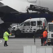 One of the vehicles involved in the crash at Heathrow Airport