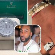 The items include a Rolex watch, three Cartier bracelets and a diamond ring