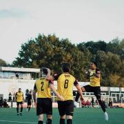 Cray Wanderers players celebrate after the winning goal vs Carshalton Athletic