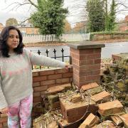 Alka Sharma, 49, beside the bricks of the wall of her driveway after it was crashed into by a car (Credit: Joe Coughlan)