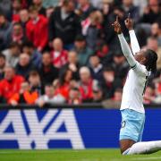 Crystal Palace's Eberechi Eze celebrates scoring his side's goal during the Premier League match at Anfield