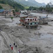 Drone photo shows a flood-hit area in Nuwakot, Nepal on Thursday